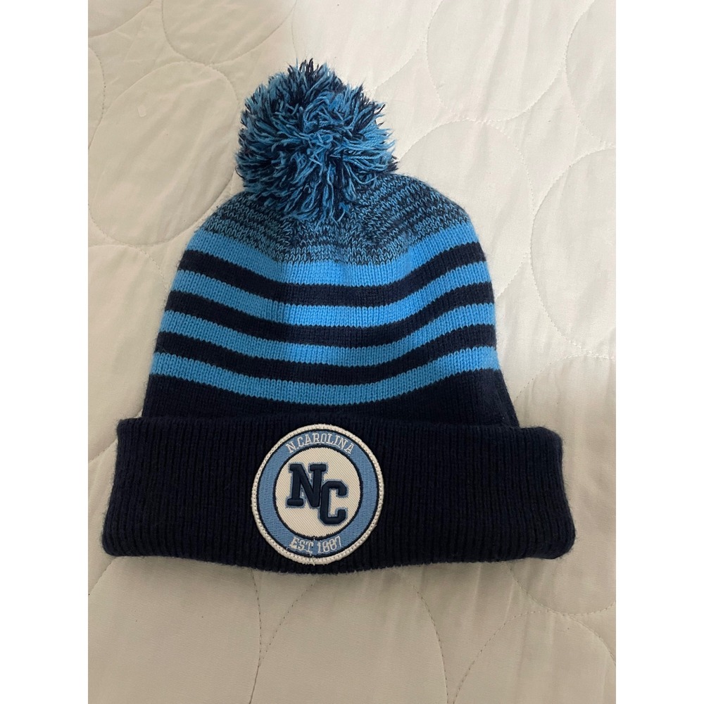 North Carolina NC Tar Heels Knit Beanie Striped Pom Pom Winter Hat Navy Blue